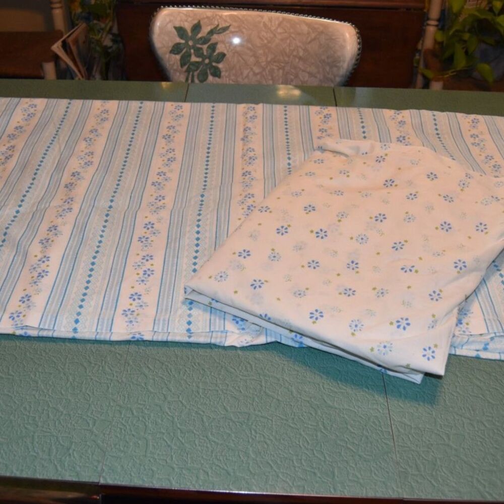 Vintage 1970s Full Sheet Set Blue Green Floral Stripe Flat Fitted Cottage